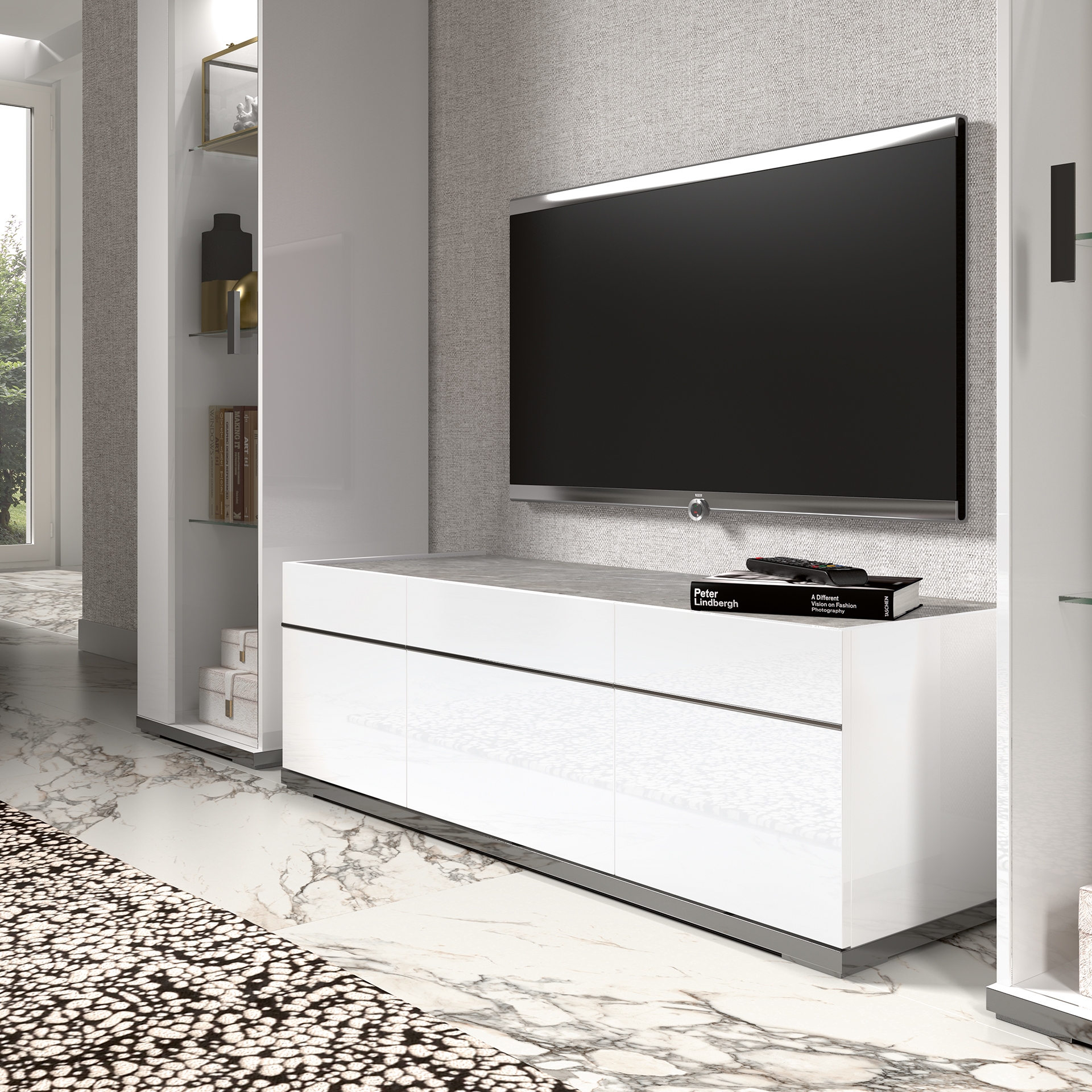 Product photograph of Status Mara Day White Italian 3 Door Tv Unit 140cm With Storage For Television Upto 55inch Plasma from Choice Furniture Superstore.